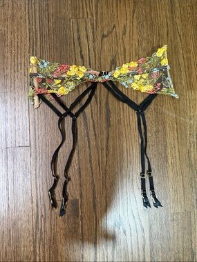 Victoria's Secret Yellow Floral Embroidered Garter Belt with Black Straps